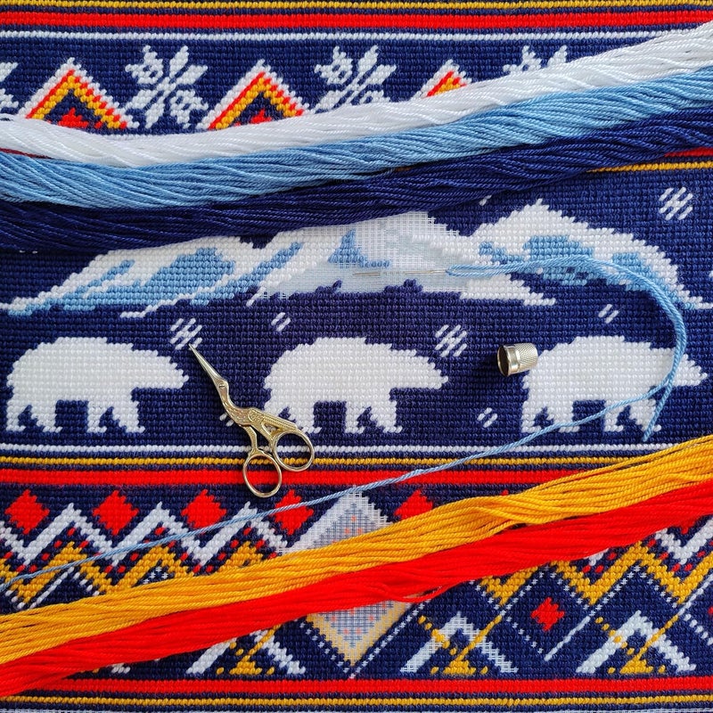 Brvsk Christmas Needlepoint Kit for Adults and Beginners — Winter Bears 16″ × 16″ with Clear, Precise Printed Design on Cotton Canvas; Includes 2 Needles, Yarn, and Easy-Read Chart - Image 2